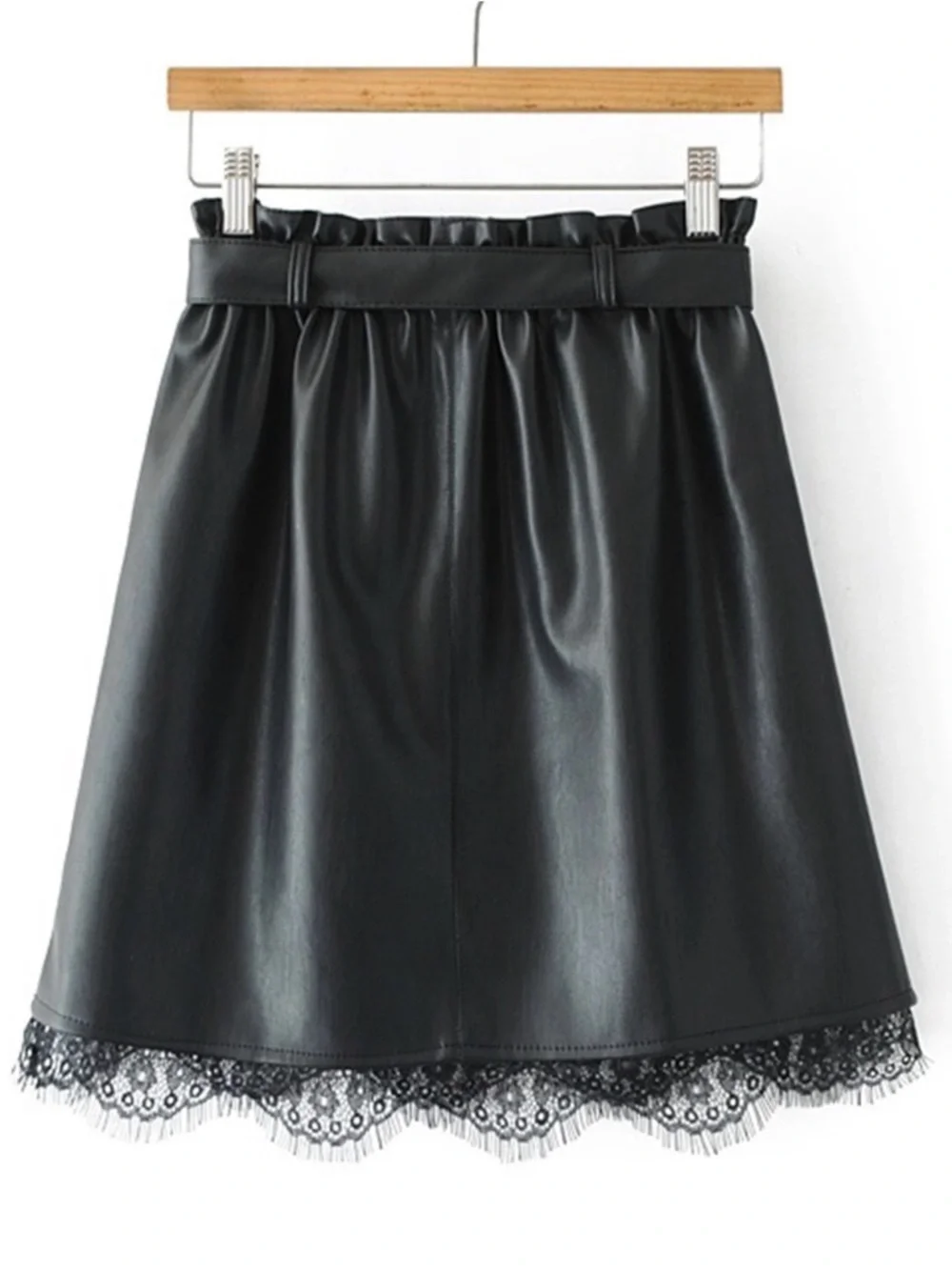 Zara Black Faux Leather Mini Skirt with Lace Trim - Size S